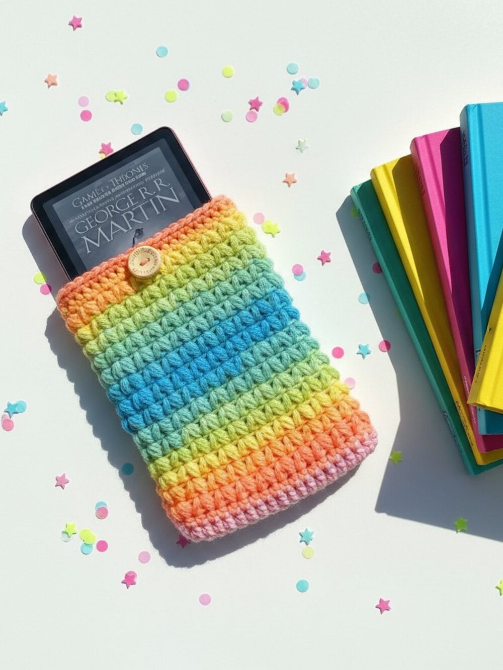 Kindle Paperwhite Sleeve — Neon Rainbow Crochet E-Reader & Paperback Book Cover